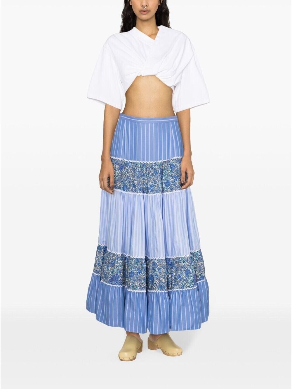 Sandro Mix-Print Tiered Maxi Skirt